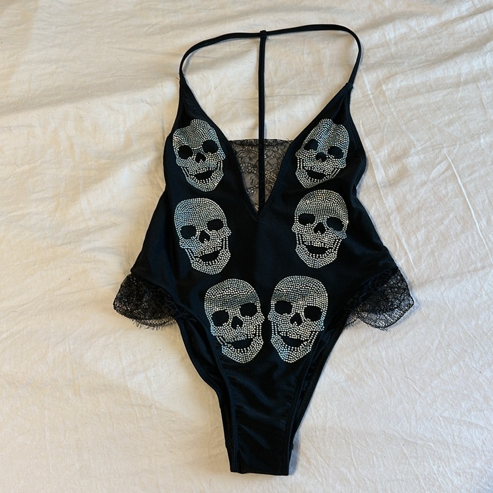 New Philipp Plein Sexy Crystal Skull One Piece Swimsuit with Lace details Small
